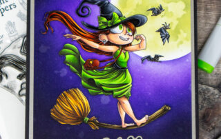 Copic marker coloured halloween scene card inspiration & colouring video featuring Moonlight Whispers Sarah the Surfing Sorceress clear stamp set