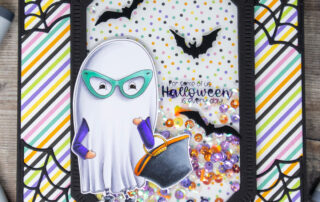 Copic marker coloured halloween shaker card inspiration with Stamping Bella Lunettes Ghost rubber stamp, illustrated by Kristin Farnsworth.