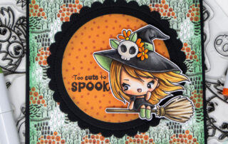 Copic marker coloured card and colouring video featuring a witch on a broom stamp from the Greeting Farm Hocus Pocus clear stamp set.