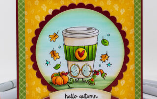 Copic marker coloured autumn card inspiration with Stamping Bella Spec-Tacular Pumpkin Latte rubber stamp, illustrated by Amy Glatiotis.
