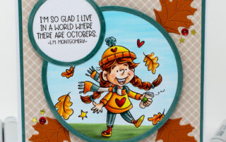 Copic marker coloured autumn card inspiration with Stamping Bella Fall is Fun Girl rubber stamp, illustrated by Amy Glatiotis.