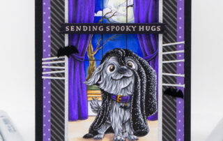 Copic marker coloured halloween scene card inspiration featuring Sweet November Stamps Halloween Scrappy World Card Making Day digital stamp.