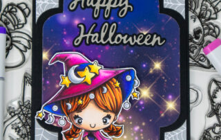 Copic marker coloured card and colouring video featuring a witch with stars & moons on her hat from The Greeting Farm Hocus Pocus stamp set.