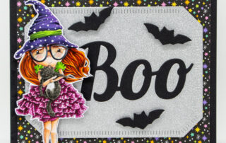 Copic marker coloured halloween card inspiration with Stamping Bella Lunettes Witchy rubber stamp, illustrated by Kristin Farnsworth.