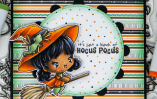Copic marker coloured card and colouring video featuring a witch on a broom stamp from the Greeting Farm Hocus Pocus clear stamp set.