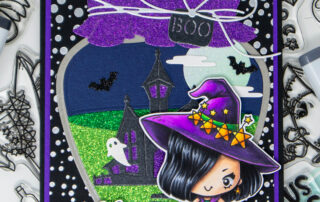 Alcohol marker coloured & die cut card & colouring video featuring a cute witch from The Greeting Farm Hocus Pocus clear stamp set & Spellbinders dies.