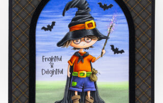 Copic marker coloured halloween card inspiration with Stamping Bella Lunettes Angus the Alchemist rubber stamp, illustrated by Kristin Farnsworth.