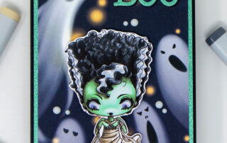 Copic marker coloured card and member exclusive colouring video featuring the Hallo Bride halloween digital stamp from The Greeting Farm.