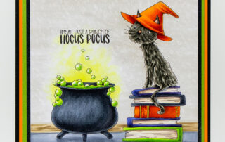 Copic marker coloured halloween scene card inspiration with Stamping Bella Black Cat Magic rubber stamp set, illustrated by Kristin Farnsworth.