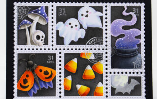Halloween themed postage collage card inspiration featuring Waffle Flower Crafts dies and coordinating stencils, coloured with Copic markers.
