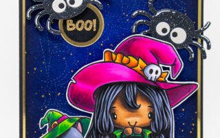 OLO marker coloured and die cut halloween card & colouring video featuring the Wicked Anya stamp set from The Greeting Farm.