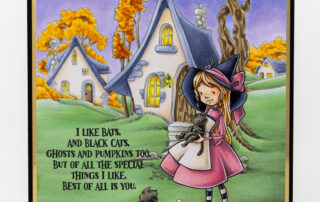 Alcohol marker coloured sweet halloween scene card inspiration featuring Sweet November Stamps You Look Familiar & Autumn Cottages clear stamp sets.