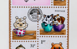 Copic marker coloured postage collage card & member exclusive colouring video with the Hugs in a Mug clear stamp set from The Greeting Farm.