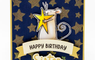 Handmade birthday card inspiration featuring stamping, die cutting, stenciling, embossing and Copic marker colouring!