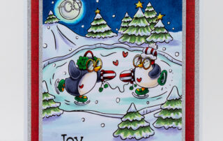 Copic marker coloured Christmas card inspiration & colouring video featuring Stamping Bella Skating Penguins stamp.