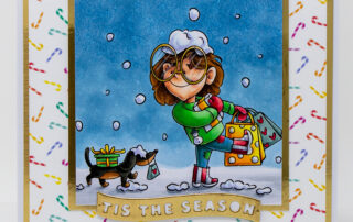 Copic marker coloured Christmas card inspiration & colouring video featuring Stamping Bella Christmas Shopping Pals stamp.