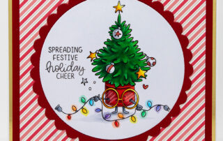 Copic marker coloured Christmas card inspiration & colouring video featuring Stamping Bella Spec-Tacular Potted Tree rubber stamp.
