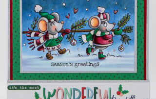 Copic marker coloured scene card inspiration & colouring video featuring Stamping Bella Christmas Mice Carrying the Tree rubber stamp.