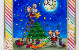 Copic marker coloured scene card inspiration & colouring video featuring Stamping Bella Christmas Mice Decorating the Tree rubber stamp.