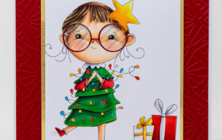 Copic marker coloured Christmas card inspiration & colouring video featuring Stamping Bella Lunettes Christmas Girl rubber stamp set.