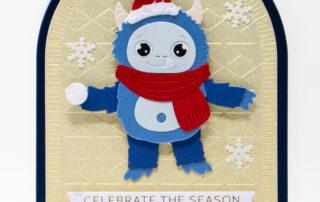 Die cut Christmas card inspiration featuring Spellbinders Paper Arts products including Rocky the Dancing Yeti etched die set.