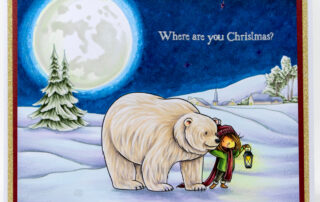 Copic marker coloured scene card inspiration featuring Sweet November Stamps Where are you Christmas? clear stamp set.