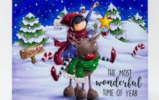Copic marker coloured Christmas scene card inspiration featuring Stamping Bella Tiny Townie Rita and the Reindeer and North Pole Backdrop rubber stamps.