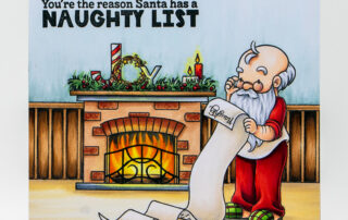 Copic marker coloured scene card inspiration featuring Sweet November Stamps Naughty List and Simple Room Christmas Add On clear stamp sets.