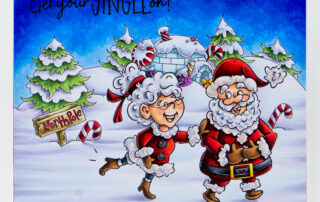 Copic marker coloured Christmas scene card inspiration featuring Stamping Bella Mr & Mrs Claus Under the Mistletoe and North Pole Backdrop rubber stamps.