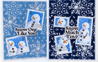 Ink blended & marker coloured Christmas card inspiration featuring Waffle Flower Crafts Postage Collage die and Snowman stencil set.