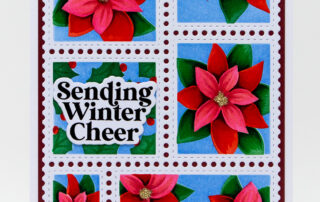 Ink blended & marker coloured Christmas card inspiration featuring Waffle Flower Crafts Postage Collage die and Poinsettia stencil set.