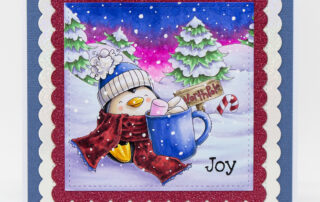 Copic marker coloured Christmas card inspiration & colouring video with Stamping Bella The Penguin & The Marshmallow and North Pole Backdrop stamps!