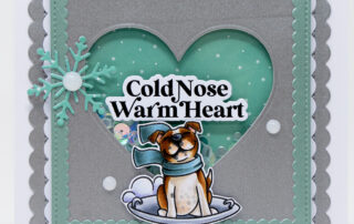 Copic marker coloured winter card inspiration & colouring video featuring a stamp from Sweet November Stamps Downhill Dashers clear stamp set.