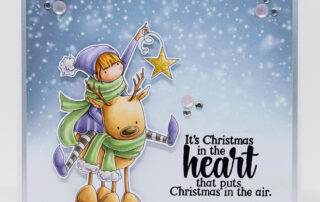 Copic marker coloured Christmas card inspiration featuring Stamping Bella Tiny Townie Rita and the Reindeer rubber stamp.