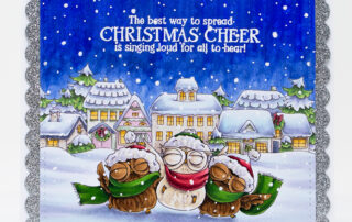 Copic marker coloured Christmas scene card featuring Stamping Bella Three Owls Caroling & Christmas Village Backdrop rubber stamps.