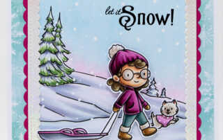 Copic marker coloured winter card inspiration & colouring video featuring a stamp from Sweet November Stamps Downhill Dashers clear stamp set.