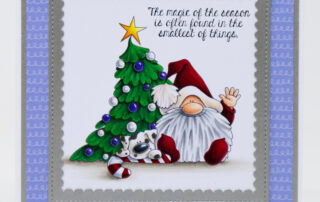 Alcohol marker coloured Christmas card featuring Copic markers & Stamping Bella The Gnome & The Christmas Tree rubber stamp.