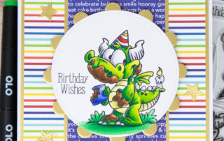 Alcohol marker coloured birthday card & video featuring OLO markers & the Whimsy Stamps Birfday Dragons clear stamp set by Dustin Pike.