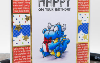 Alcohol marker coloured birthday card & video featuring OLO markers & the Whimsy Stamps Birfday Dragons clear stamp set by Dustin Pike.