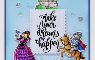 Alcohol marker coloured fairy tale birthday card featuring Waffle Flower Crafts Far Far Away January 2025 release products!