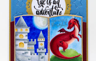 Alcohol marker coloured die cut & stencilled storybook card featuring Waffle Flower Crafts Far Far Away January 2025 release products!