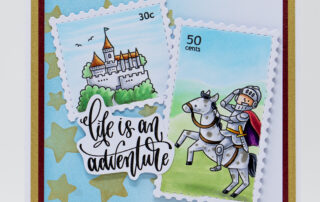 Alcohol marker coloured fairy tale postage collage card featuring Waffle Flower Crafts Far Far Away January 2025 release products!