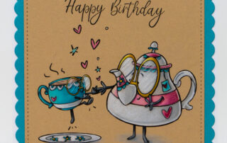 Prismacolor coloured pencil coloured card inspiration and colouring video featuring Stamping Bella Spec-Tacular Teapot & Cup rubber stamp!