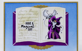 Alcohol marker coloured die cut open book card & Copic video featuring Waffle Flower Crafts Far Far Away January 2025 release products!