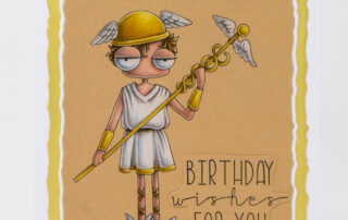 Birthday card inspiration & colouring video featuring Stamping Bella Oddball Hermes rubber stamp & Faber-Castell Polychromos pencils.