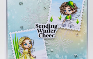 Postage collage card inspiration & OLO alcohol marker colouring video featuring Sweet November Stamps Narcissus & Snowdrop Fairy clear stamps.