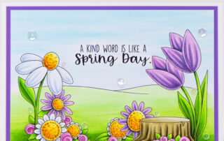 Spring card inspiration & colouring video featuring Stamping Bella Spring Backdrop rubber stamp coloured using Copic markers.