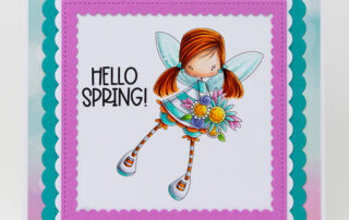 Spring card inspiration & colouring video featuring Stamping Bella Whimsabella GlimmerGlade fairy and Hello Spring Sentiment Set rubber stamps coloured using Copic markers.