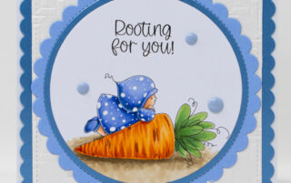 Encouragement card inspiration & colouring video featuring Stamping Bella Bundle Girl with a Carrot and Garden Sentiment Set rubber stamps coloured using Copic markers.