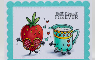 Friendship card inspiration & colouring video featuring Stamping Bella Spec-Tacular Strawberries & Cream and Spec-Tacular Together Sentiment Set rubber stamps coloured using Copic markers.